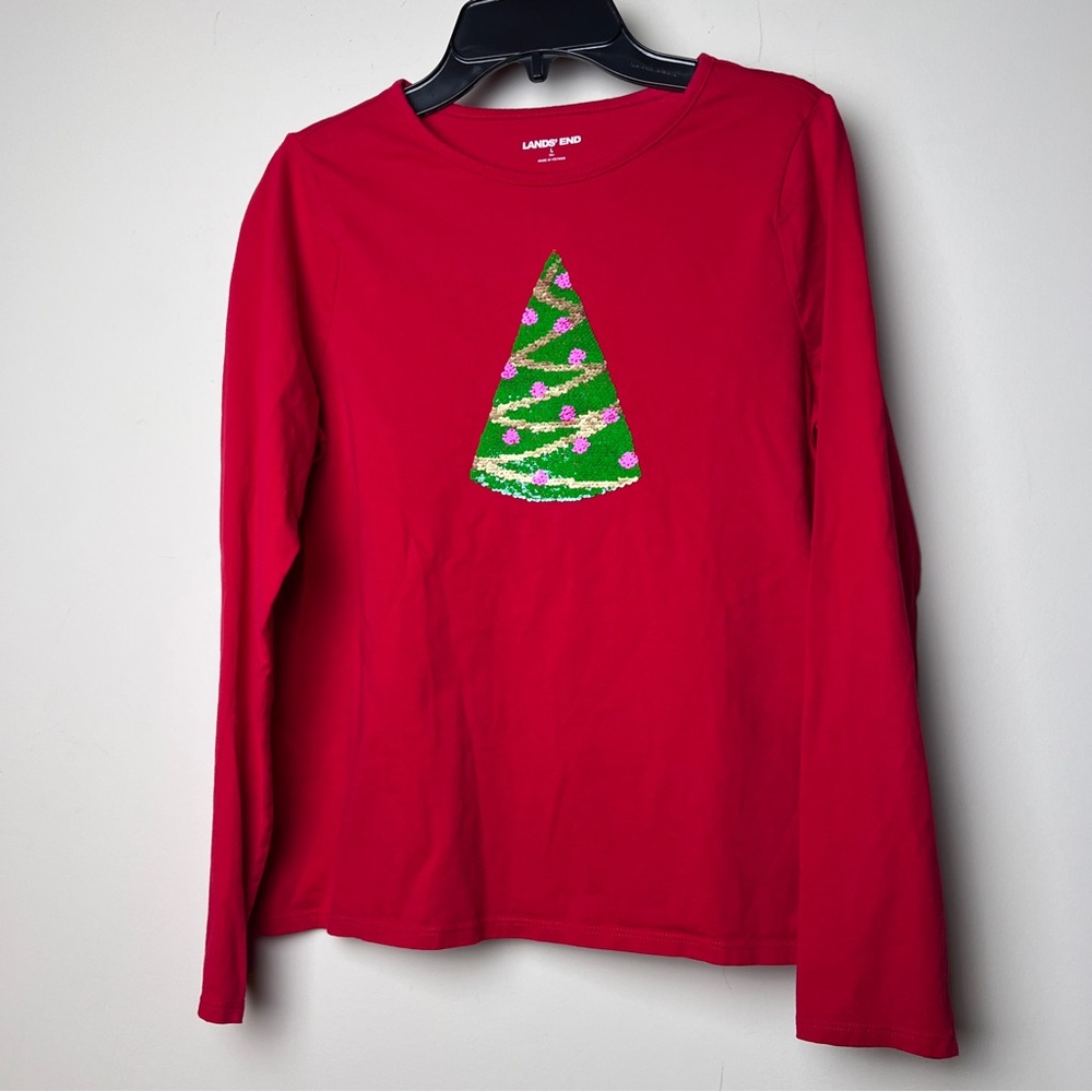 Lands' End Girls Large (14) Red Long Sleeve flippable Sequin Christmas Tree Tee